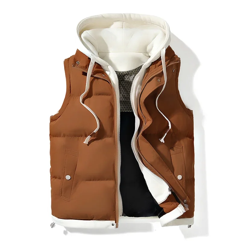 Korean Fashion Hooded Vest for Men Autumn Winter Casual Sleeveless Men Coats Windproof Sleeveless Men Cotton Jacket with Hood