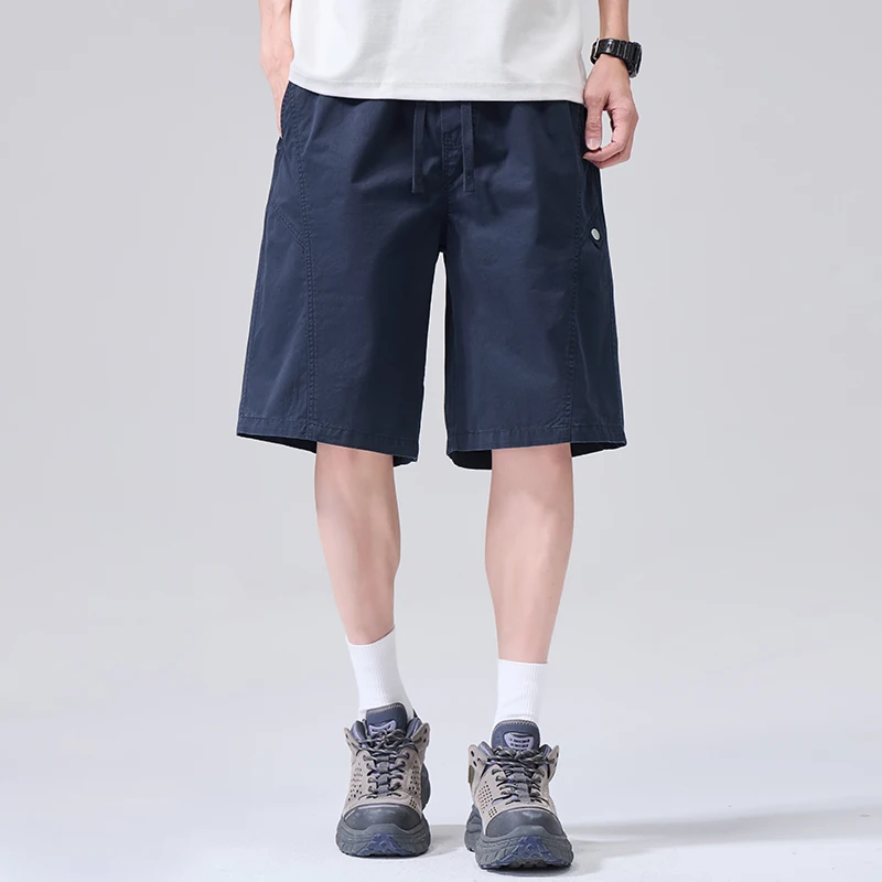 

Мужские летние шорты из 100% хлопка, широкие свободные брюки темно-синего цвета для мужчин, с эластичной резинкой на талии и шнурком, повседневная мужская одежда