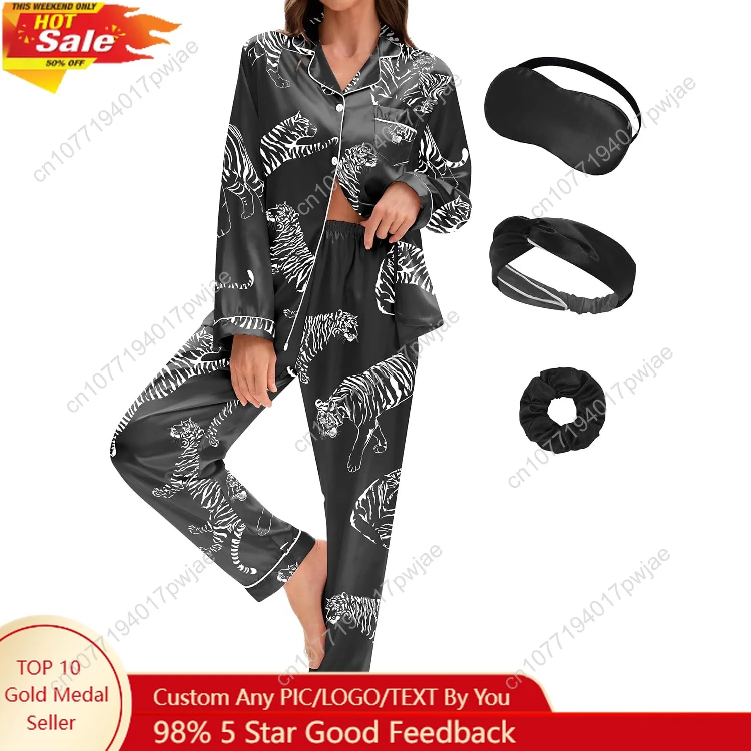 

EPLAZA Silk Pajamas for Women Satin Pajamas Set 5 Pcs Long Sleeve Print Pattern Button Down Pjs Sleepwear Loungewear Set