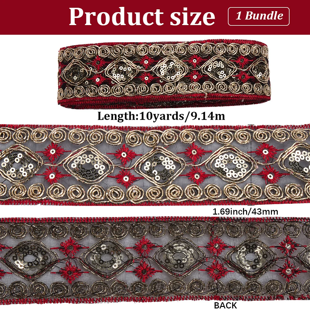 10 Yards 1.69 Inch Red Embroidered Ribbon Trim Metallic Glitter Sequin Polyester Embroidery Jacquard Ribbons Boho Ethnic Woven
