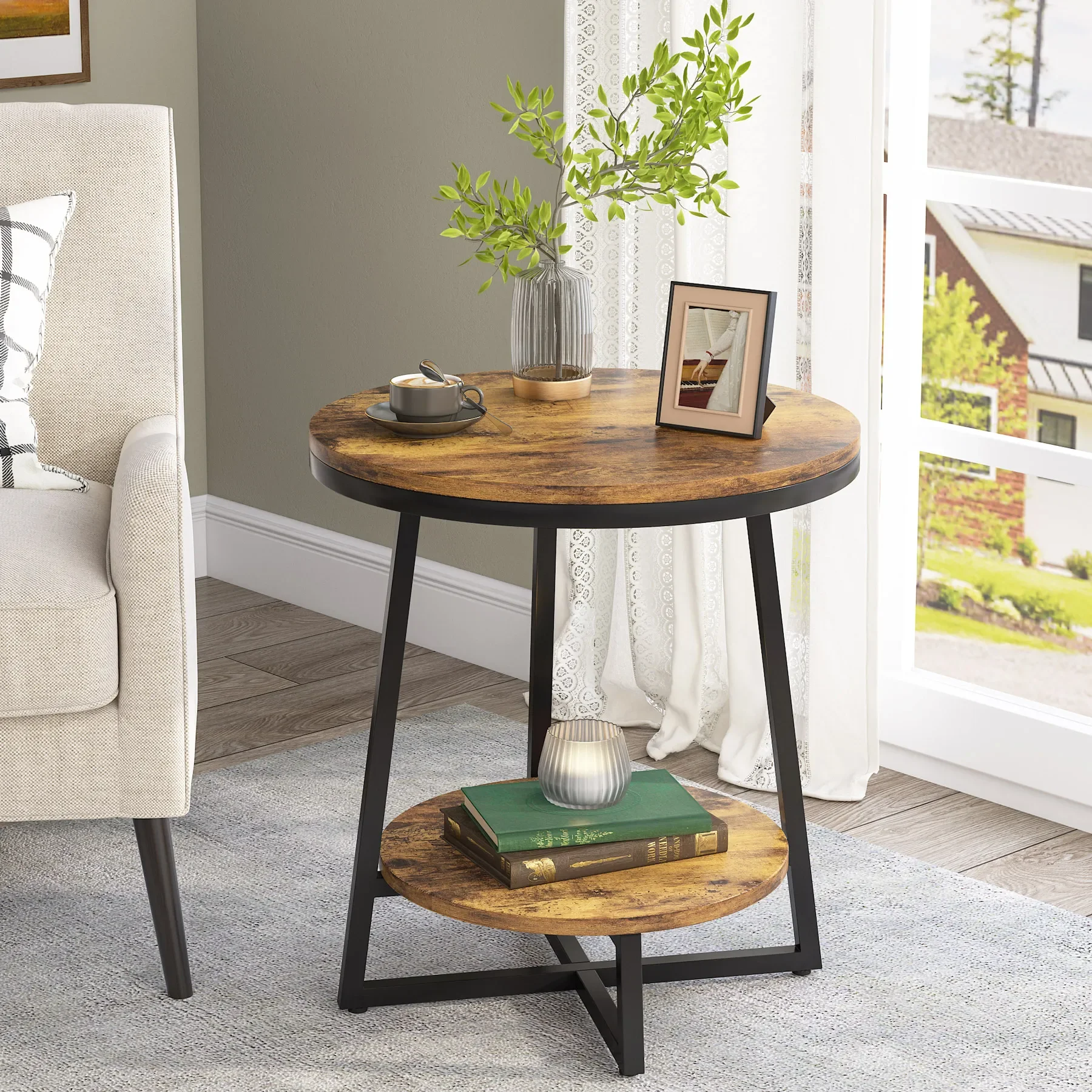 Tribesigns End Table, 2 Tier Round Side Table with Storage Shelf, Industrial Nightstand Bedside Table Coffee Accent Table