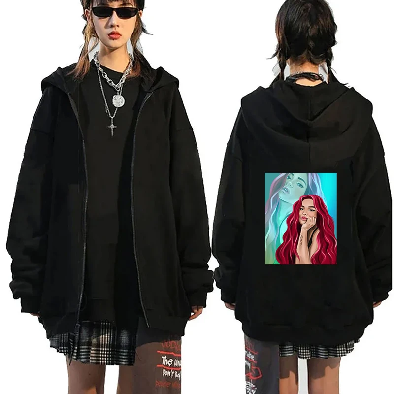 Rectangle Karol G With Red Hair Illustration Zipper Pullover Fashion Cartoon Print Gifts For Karol G Fans Hoodie Winter Clothing