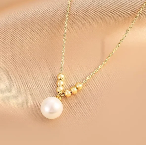 18k gold necklaces for women natural pearl necklace 8mm pearl + 3mm 18k gold balls