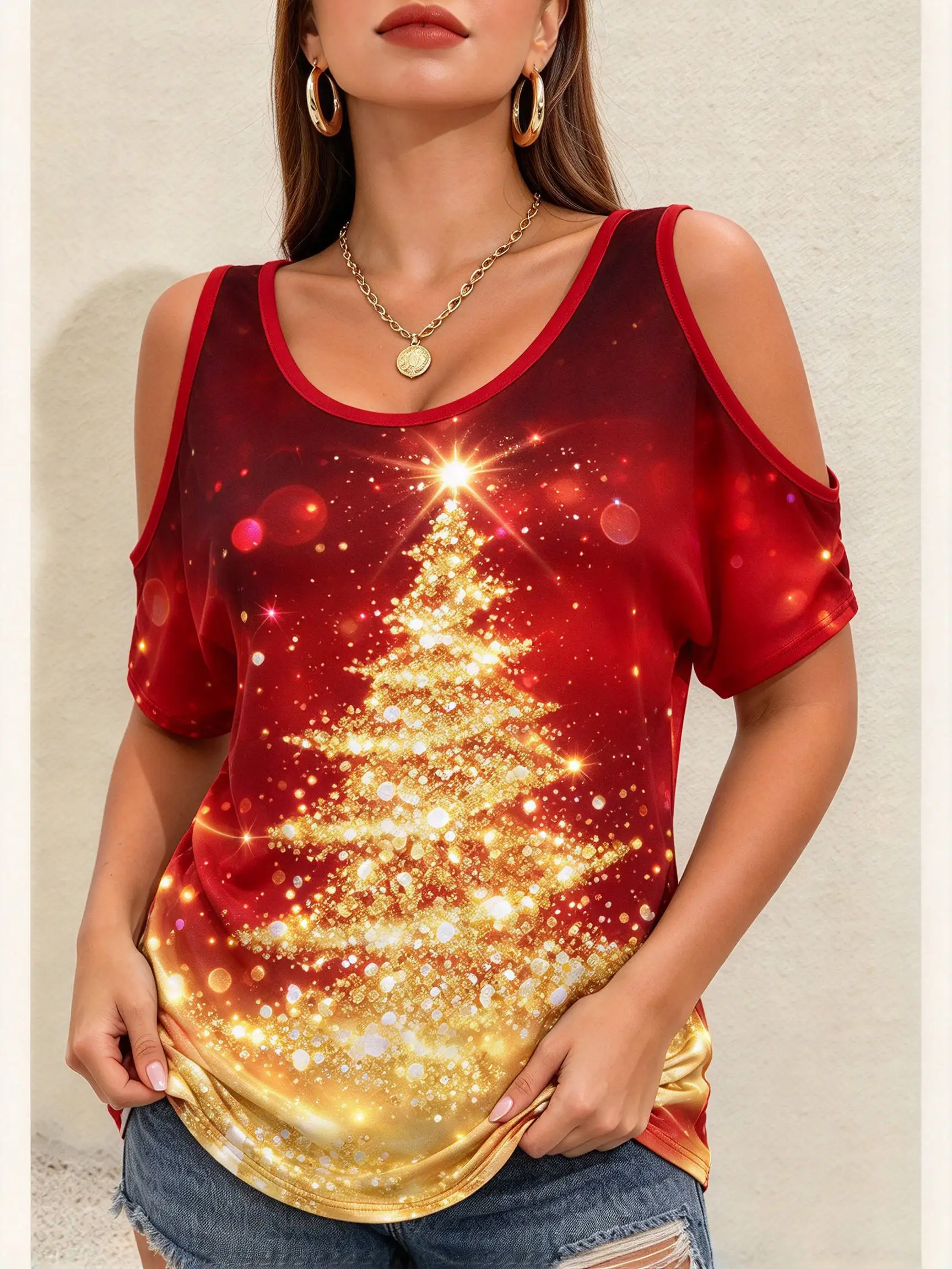 Fashion Christmas Tree Print Women's Cold Shoulder Tops Casual O-neck Loose Short Sleeve T-Shirts New Year Party X'mas Clothing