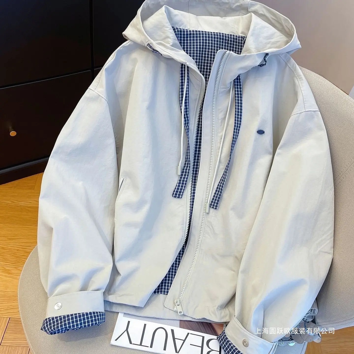 Korean-Style Checked Lining Hooded Coat for Women, Loose-Fitting, Versatile and Casual Style, Fashionable Jacket Top