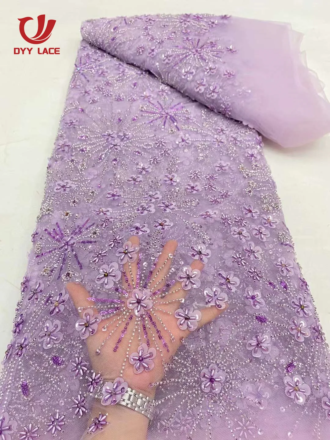 2024 High Quality Elegant Embroidery 3D Flower Lace Fabric Hot Sale African Nigeria Beaded Fabric Wedding Dress 5 Yards