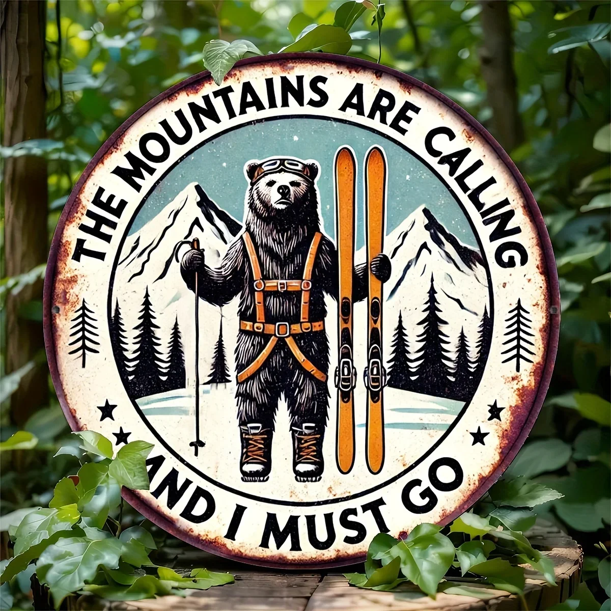Round Bear Skiing Metal Sign 1PC 20x20cm 2D The Mountains Are Calling Vintage Cabin Outdoor Wall Decor Plate