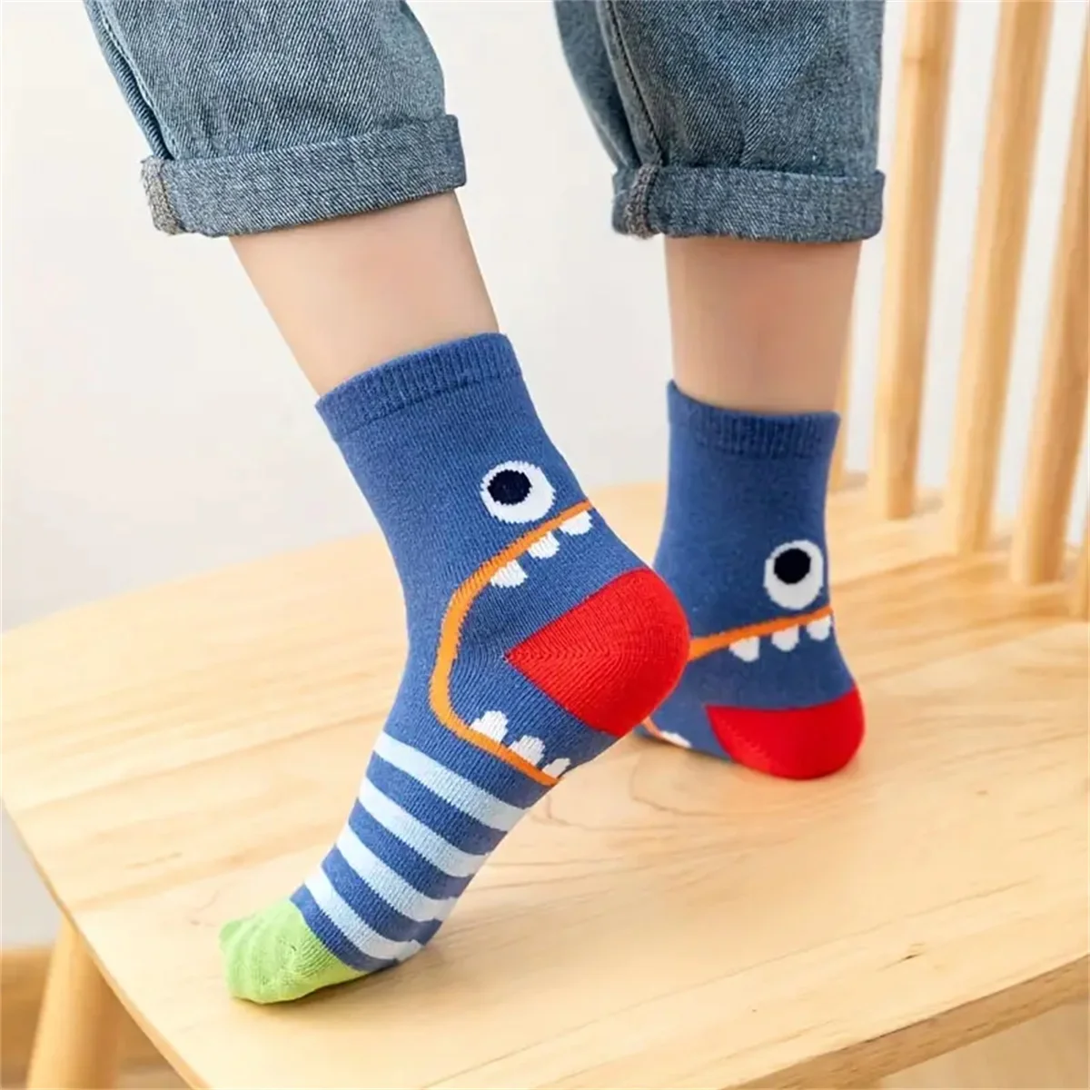 5pairs Casual Cute Cartoon Dinosaur Knit Socks, Soft Comfortable Breathable Socks Boys And Girls Accessories