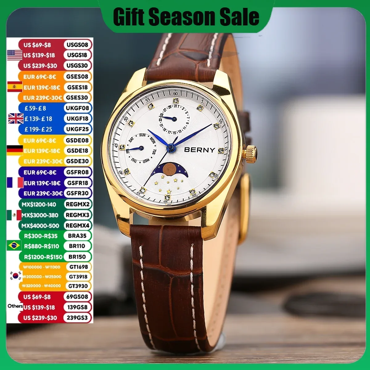 BERNY Couple Quartz Watch Moon Phase Day Date Calendar Men Wristwatch Leather Men/Women Dress Watch MIYOTA 6P20 Gift Watches