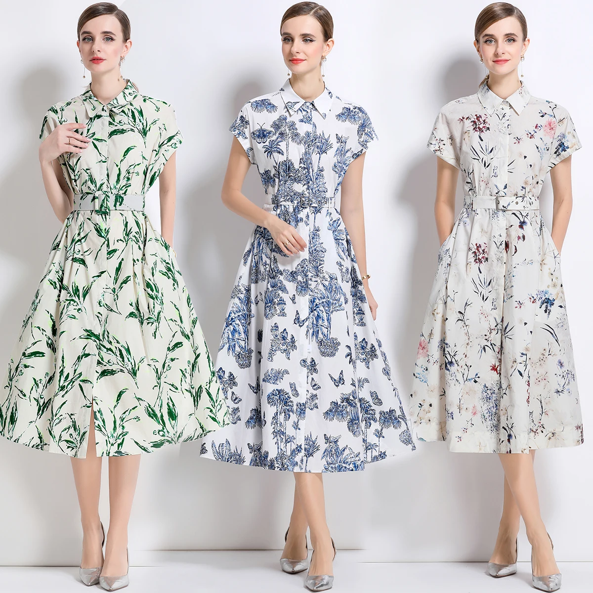 

Elegant Vintage Print Midi Dress Women's Lapel Short Sleeve Belt Holiday Shirt Dress Female Casual Festival Clothing