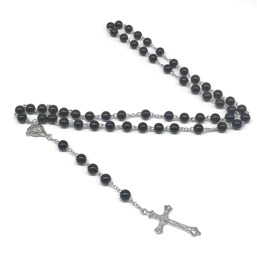 Black and white round bead prayer bead cross pendant necklace glass imitation pearl long sweater chain for UNISEX