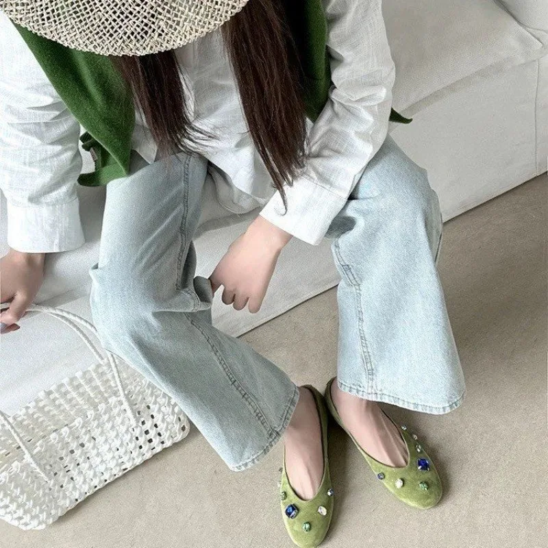 

Luxury Colorful Gemstone Flats Women Comfortable Round Toe Shallow Suede Loafers 2026 Ladies Elegant Brand Designer Casual Shoes