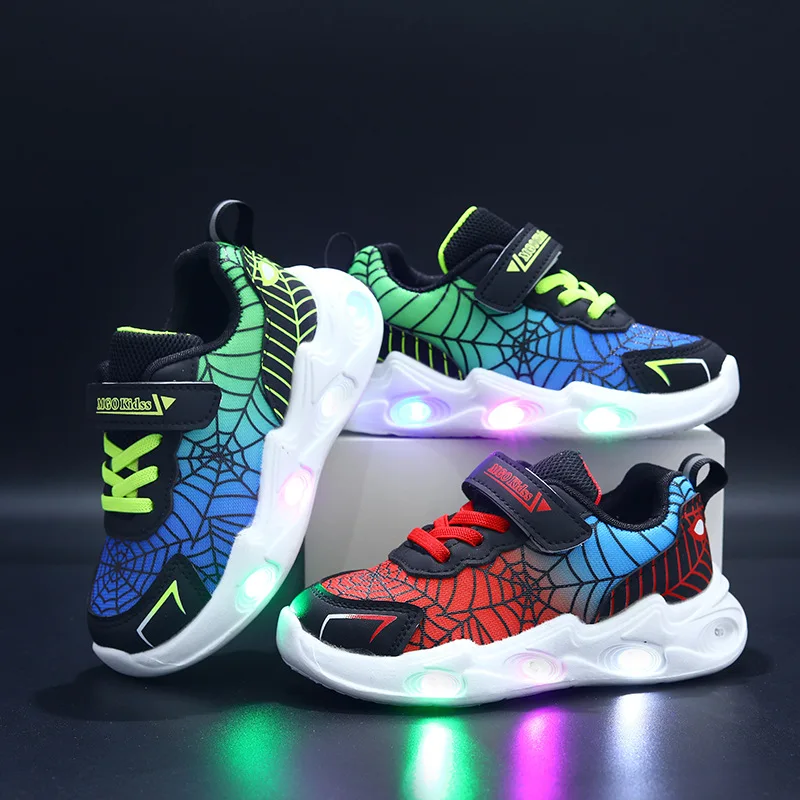 

Boys Spiderman Sneakers Disney LED Children's Sport Shoes Fashion Anti-slip Kids Outdoor Shoes Student Design Pu Leather Shoes