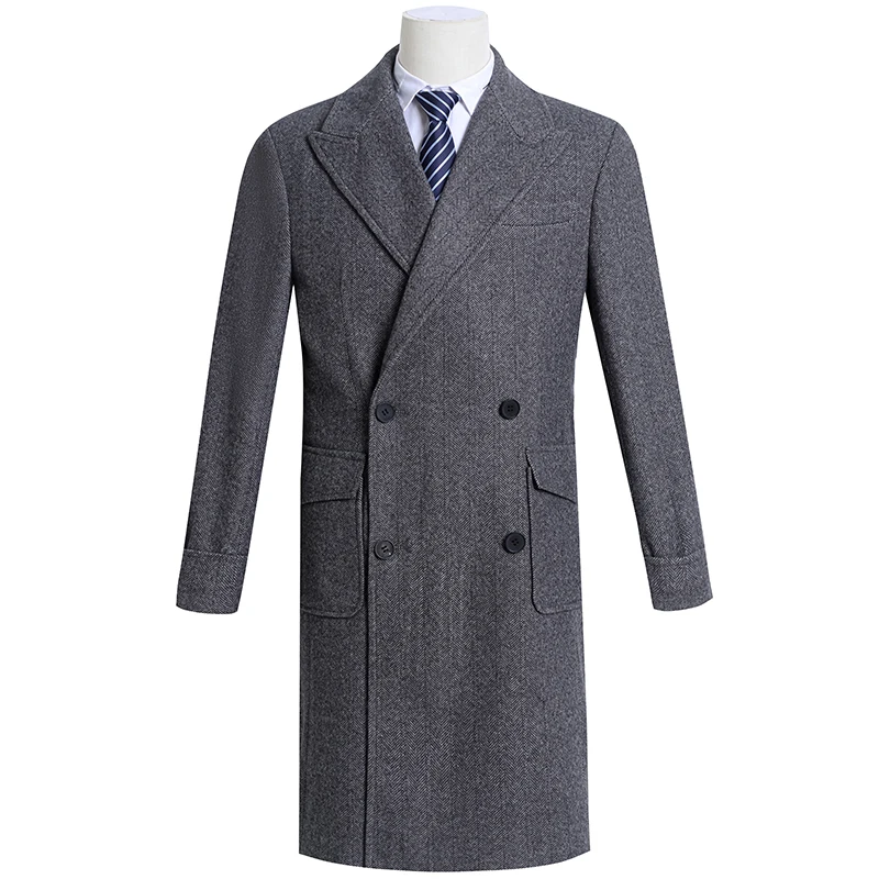 

Men's Herringbone Tweed Coat Double-breasted Peak Lapel Business Style Outwear