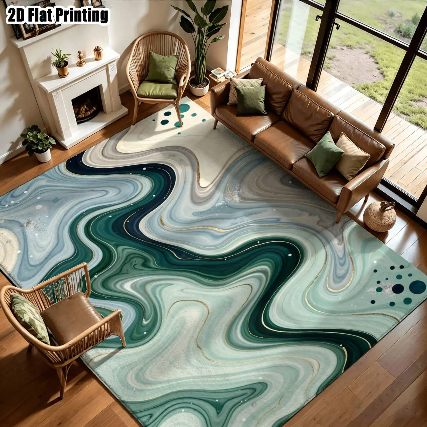 1Pc 2D Printed Nordic/Instagram Modern Minimalist Carpet, Dark Green-Grey Fluid Texture, Machine Washable, Multi-Size, Suitable for Home Decor Scenes