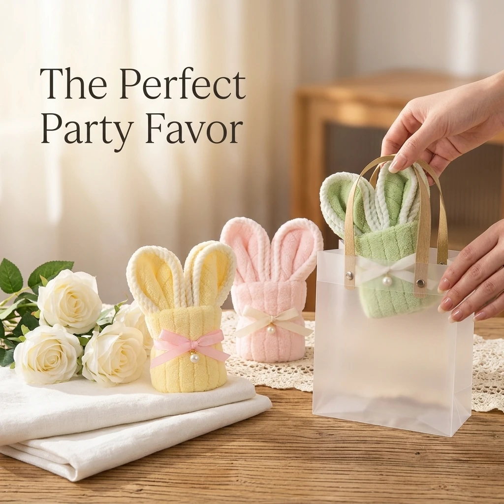 5pcs Coral Fleece Bunny Towel Creative Rabbit Shaped Hand Towel for Wedding Favors Birthday Party Souvenir with Gift Bag