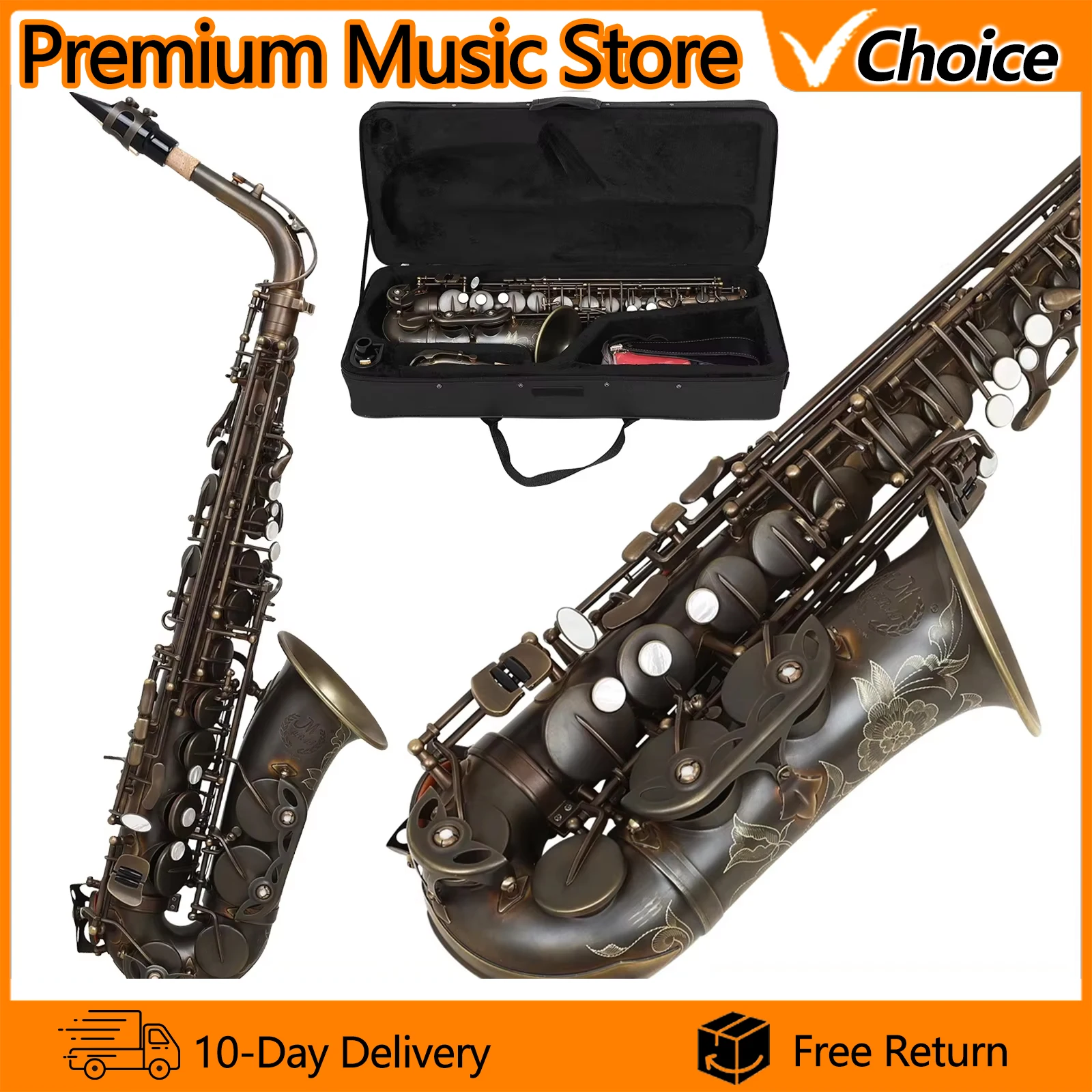 M MBAT Alto Saxophone High Grade Antique Finish Saxophone Eb E-flat Sax Shell Button Brass Body Woodwind Instrument with Case