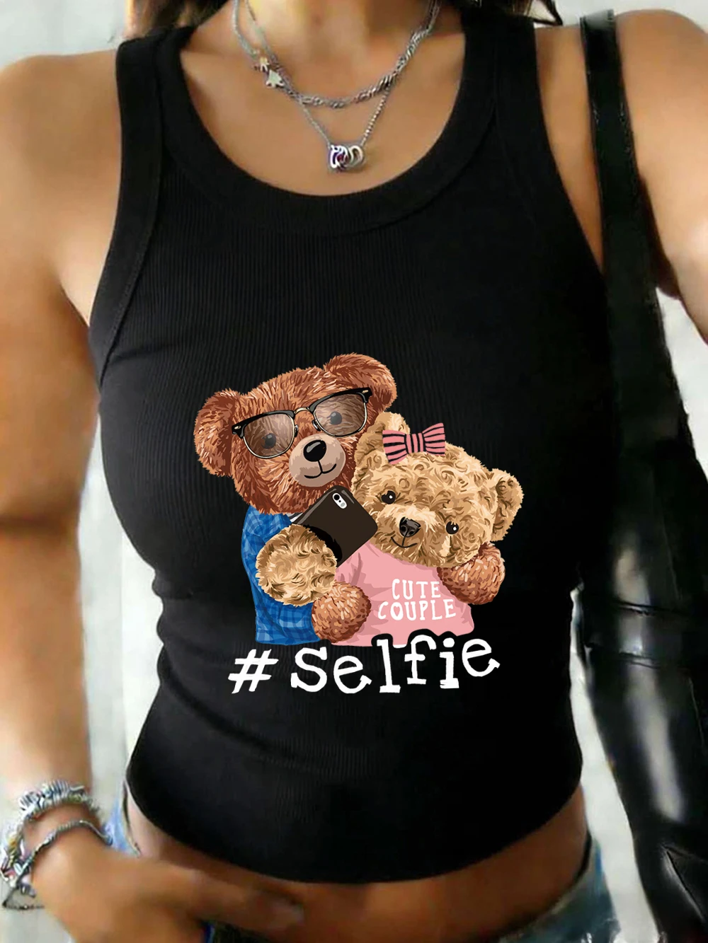 Süße Paar-Bären-Selfie-Drucke, lässige, weiche Tank-Shirts für Damen, Basic-Tanktop mit O-Ausschnitt, elastisches Unterhemd, Sommer-Tanktops aus Baumwolle, schmale Passform