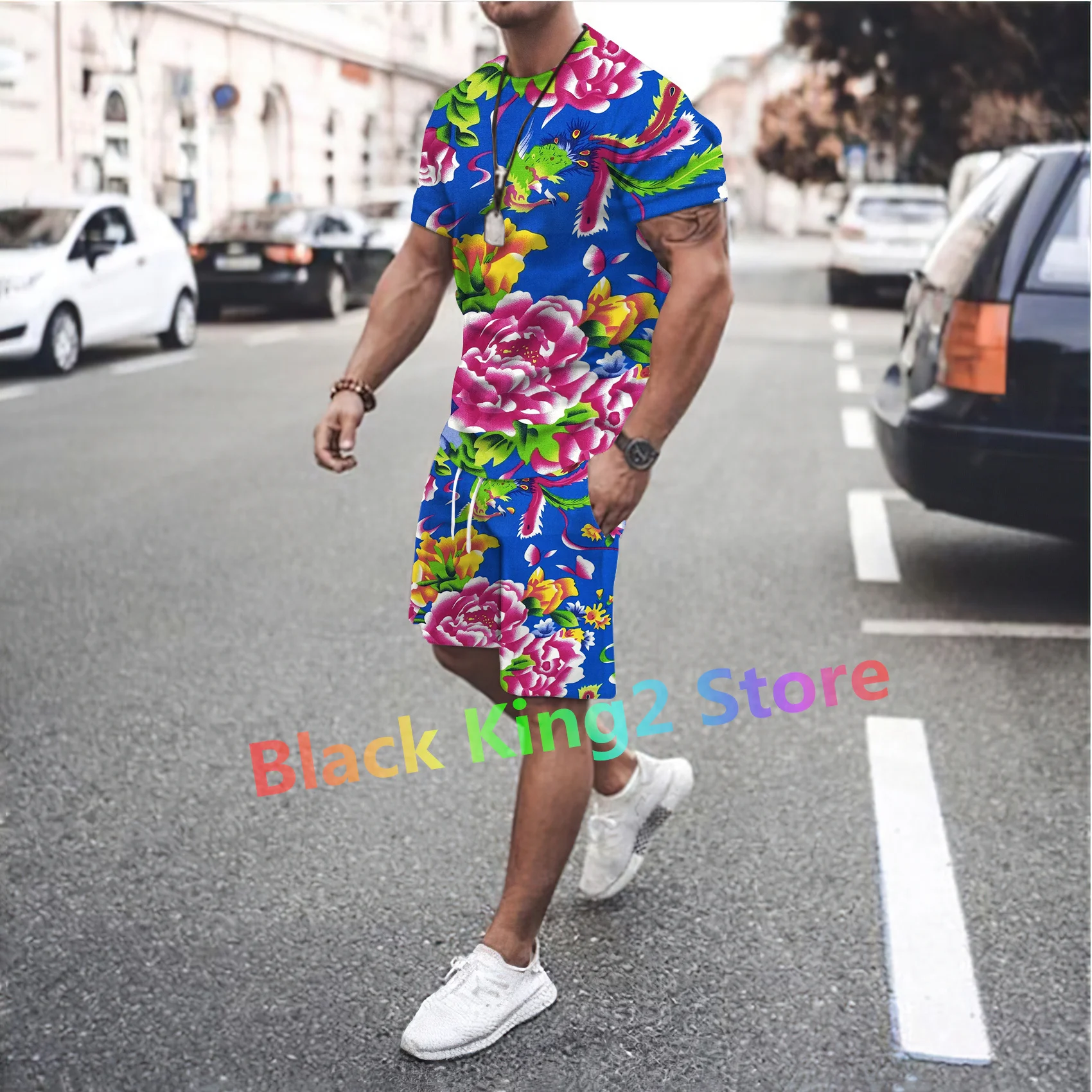 New Northeast Big Flower Design Clothing Chinese Style Men\'s Short Sleeve Suit Two-piece Set Women Tracksuit Trend Streetwear