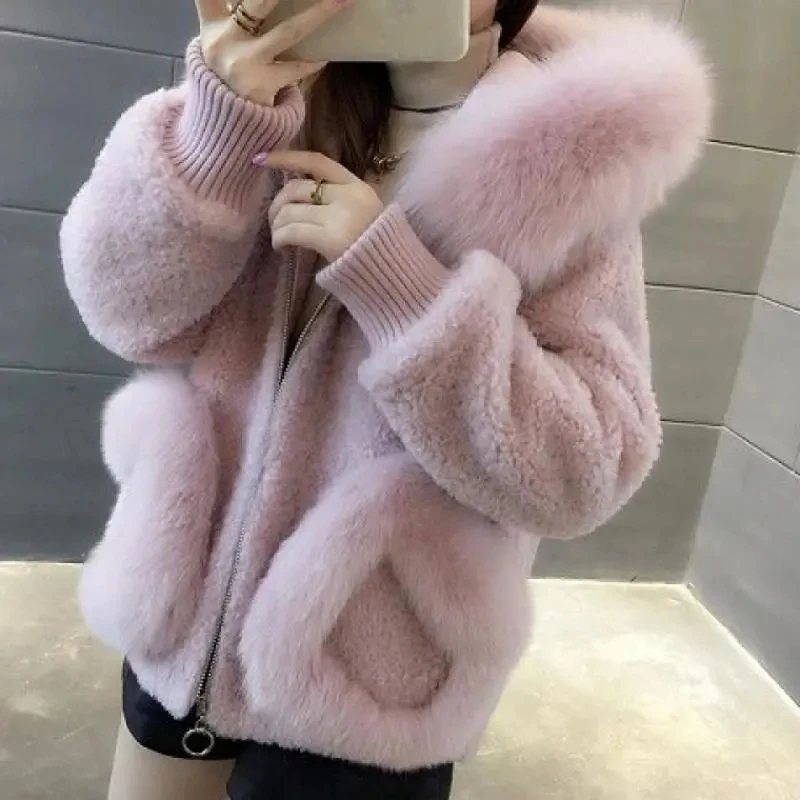 

2024 Autumn Winter Fox Fur Collar Coat Womens Loose Sheep Sheared Fur Coat Womens Korean temperament Style Hooded Short Tops