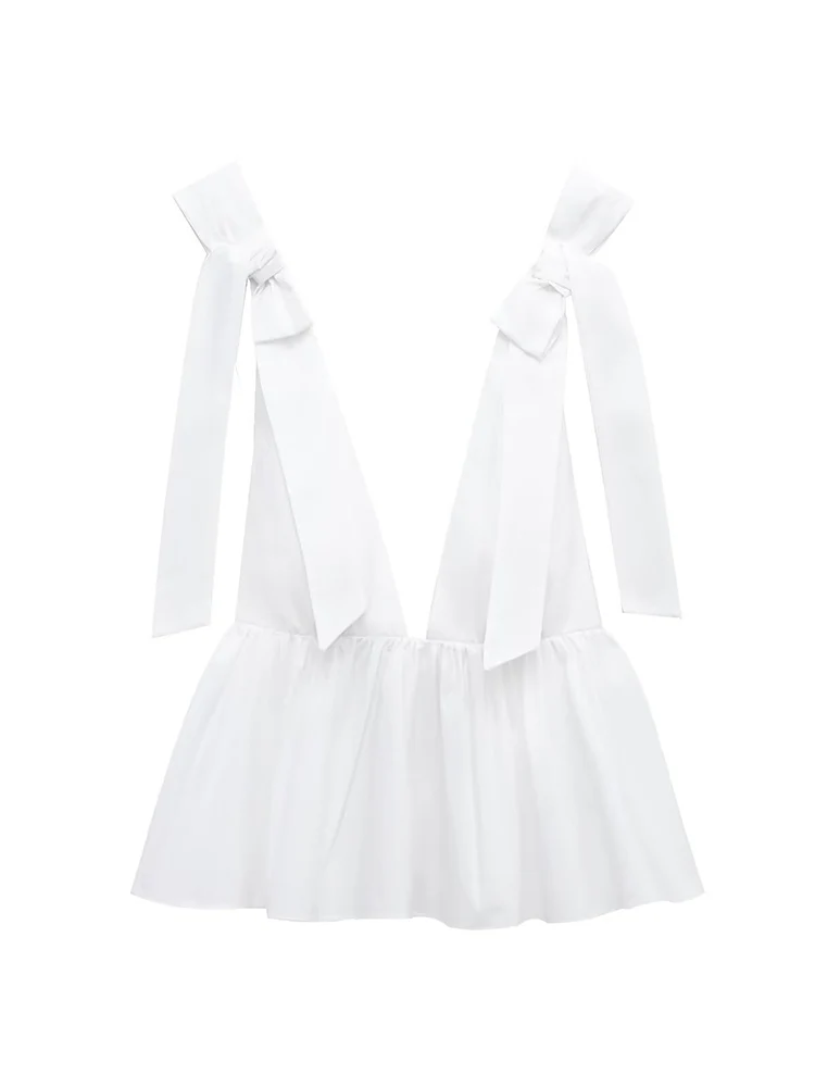 TFMLN المرأة الدانتيل يصل القوس حبال القمم موضة الصلبة مثير العميق الخامس الرقبة أكمام عارية الذراعين بلايز 2025 جديد أنيق ملابس الحفلات