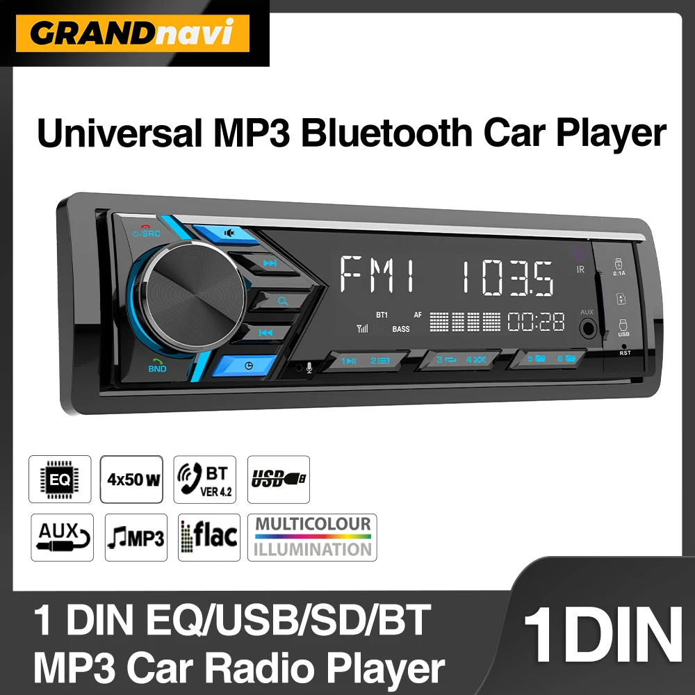 Grandnavi 1din MP3 Radioodtwarzacz samochodowy Cyfrowy muzyczny odtwarzacz samochodowy Bluetooth Radio FM Stereo Audio USB/SD z wejściem Dash AUX