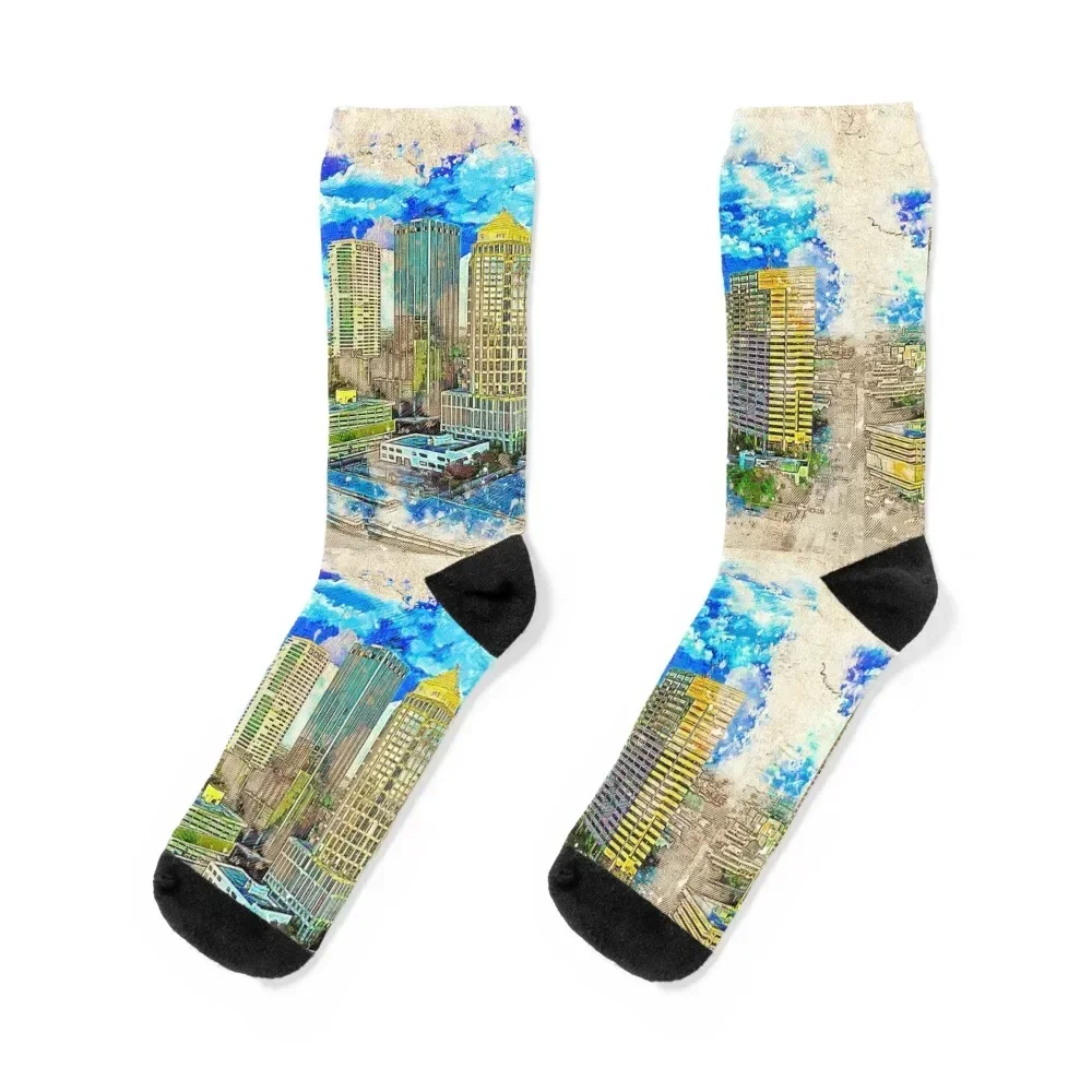 Panorama of Downtown Tampa, Florida - colored drawing Socks Wholesale sports and leisure Stockings man Socks Men's Women's