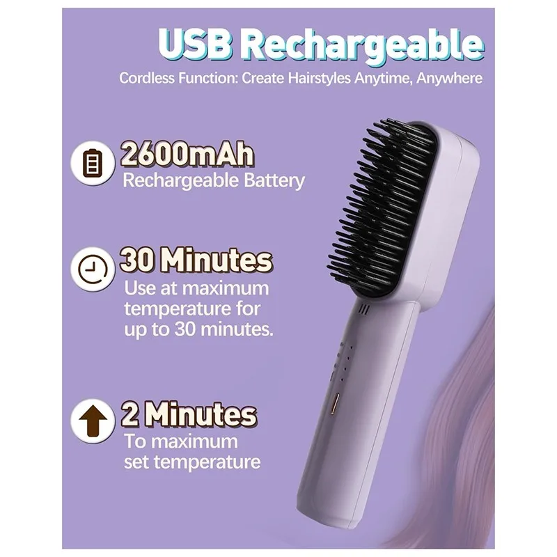 

【STOCK】Cordless 3-In-1 Hair Straightener Brush- Tourmaline Ionic, Multi- Portable Design For Quick Styling
