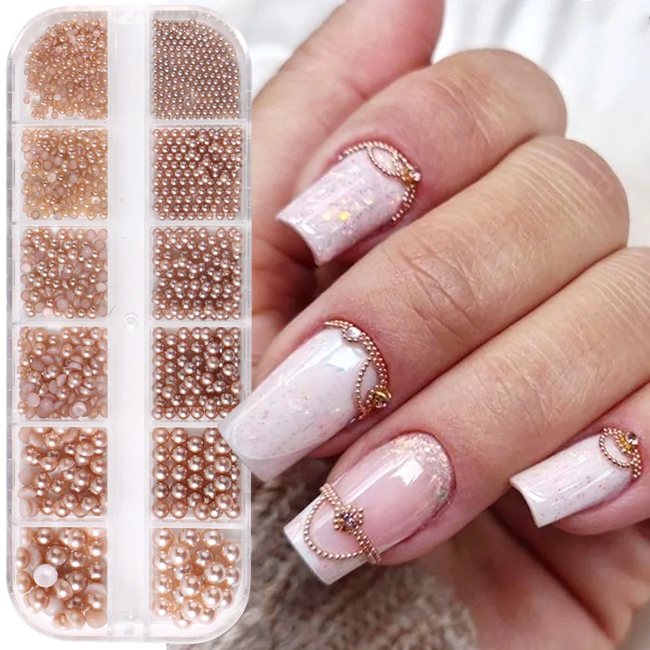Rose Gold Pearls Nail Art Decoration Half/Round Pearls Nail Charms Steel Beads Autumn Winter Design Japanese Manicure Parts DIY