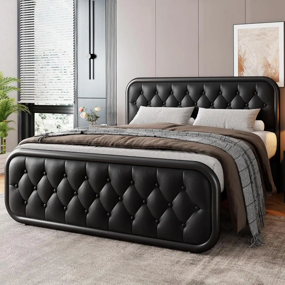

Leather Button-Tufted Upholstered Metal Bed with Heavy-Duty U-Shape Platform, Easy Assembly, Black