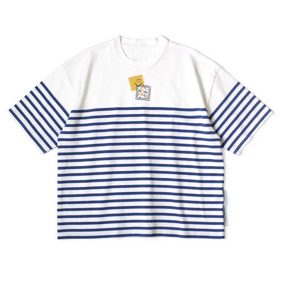 Hirata and Hongri Style Blue White Striped Color Block Tee Loose Fit round Neck Short Sleeve T-shirt Youthful Summer Casual Top