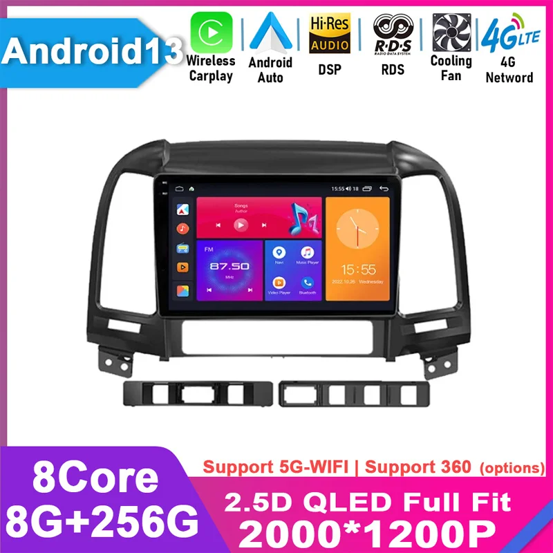 

Автомагнитола на Android 13 для Hyundai Santa Fe 2 2006 2007 2008 2009 2010 2011 2012, мультимедийный плеер с GPS-навигацией, видеоплеером