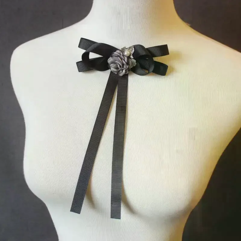 1Pcs British Korean College Style Handmade Ribbon Black Bowtie Pins Bow Tie For Women's Girl Bank White Shirt Collar Flower