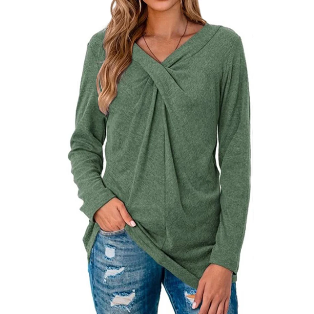 Damen T-Shirt mit V-Ausschnitt, langärmelig, einfarbig, Bluse, T-Shirt, Dunkelgrün, XL