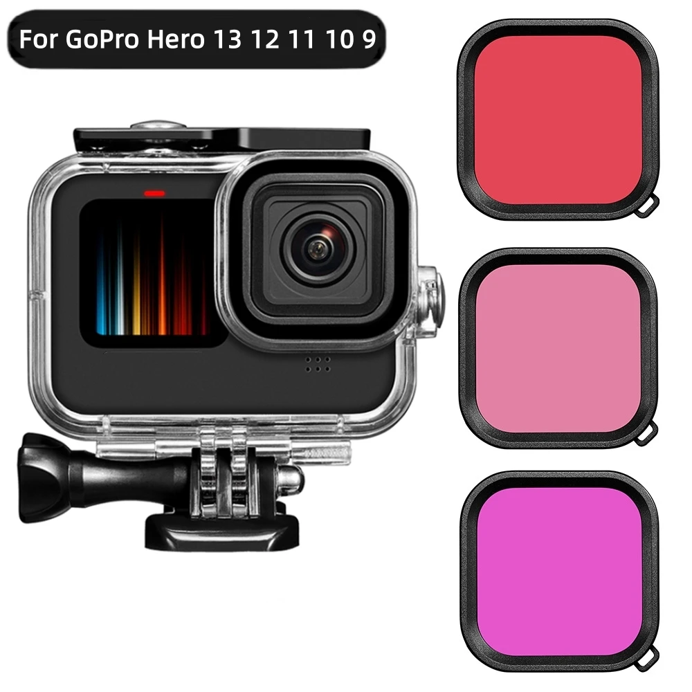 Für GoPro Hero 13 12 11 10 9, schwarzes wasserdichtes Gehäuse, schützende Tauch-Unterwassergehäuse-Shell-Abdeckung mit rot-lila-rosa Filter