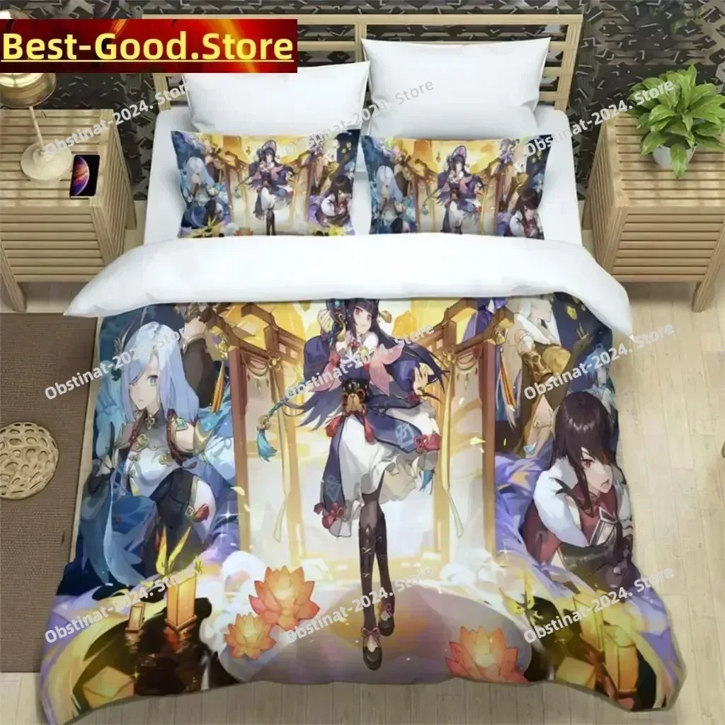 Genshin Impact Digital Bedding Set Printed With Pillowcase Bed Duvet Cover Soft Single Double Queen Super King Size Three Piece