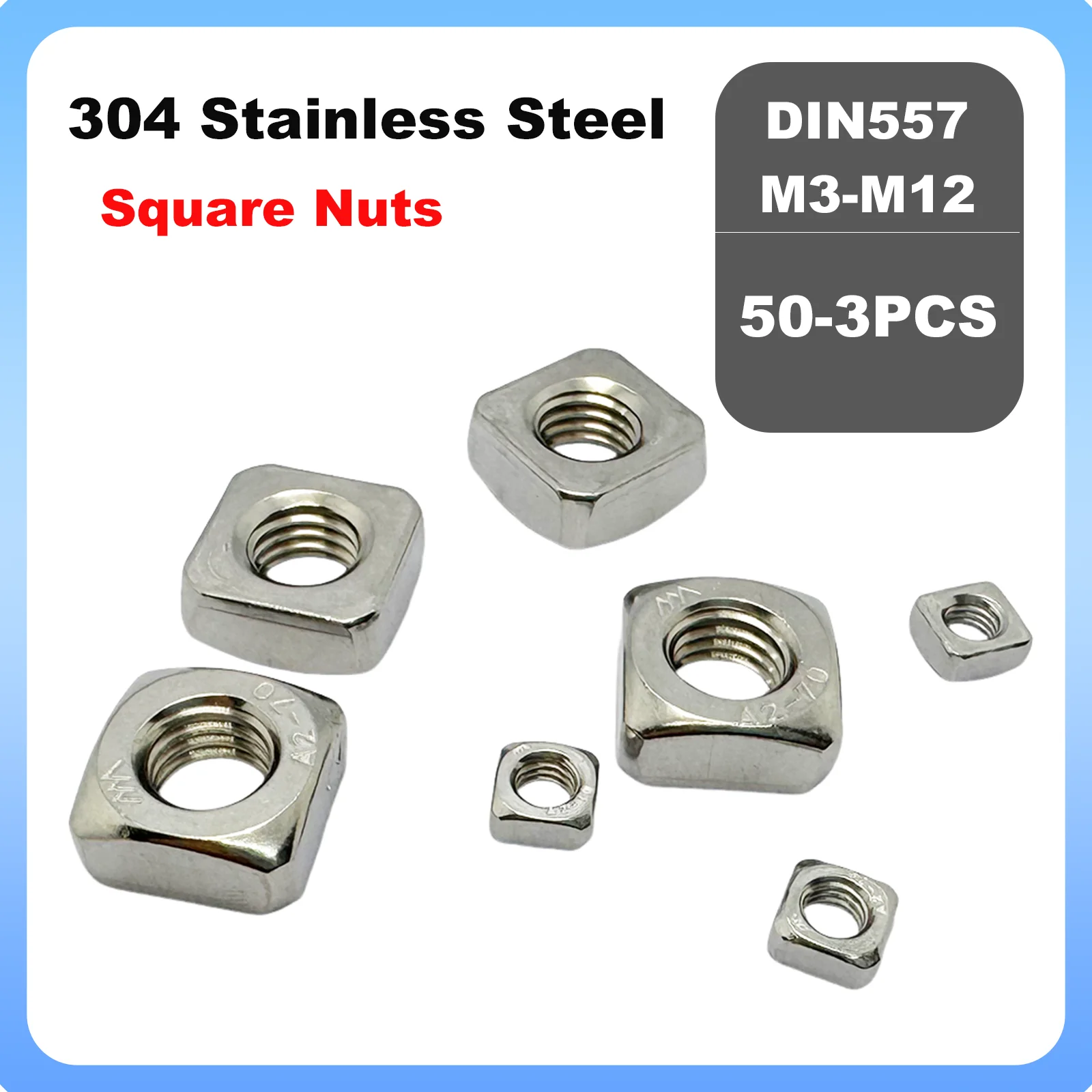 3-50Pcs DIN557 Square Nuts 304 Stainless Steel M3 M4 M5 M6 M8 M10 M12 Four‑Sided Nuts for Industry Fastening