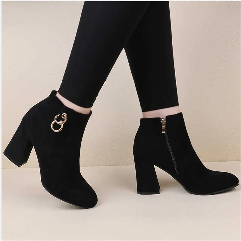 Comemore Retro Plush Warm Autumn Winter Women\'s Boot Vintage Block Heel Ankle Boots Zipper High Heels Women Shoes Big Sizes 43