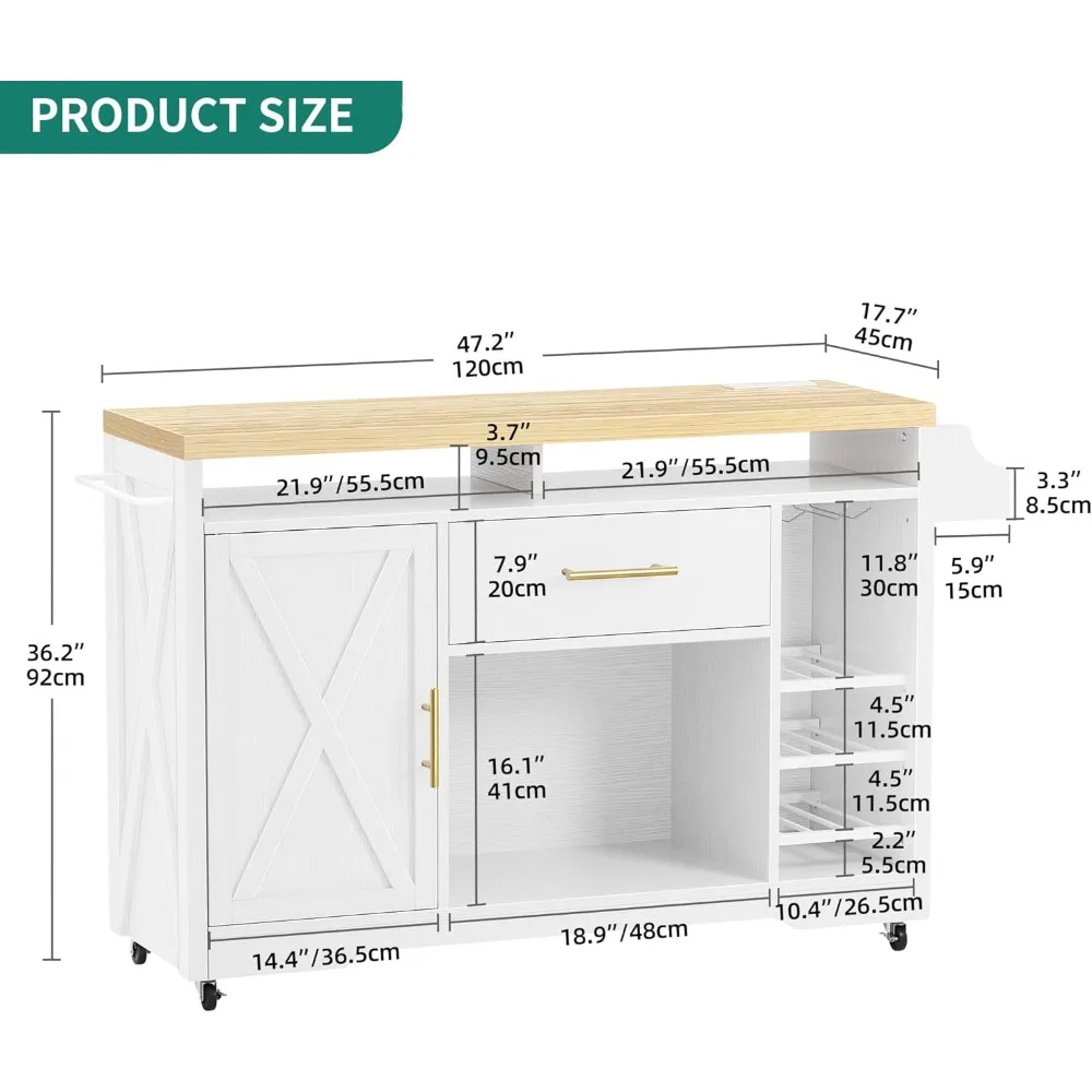 53 Inch with Power Outlet, Portable Rolling Islands Cabinet on Wheels Farmhouse w Thick Table Top Drawer Glass Holder Spice Rack