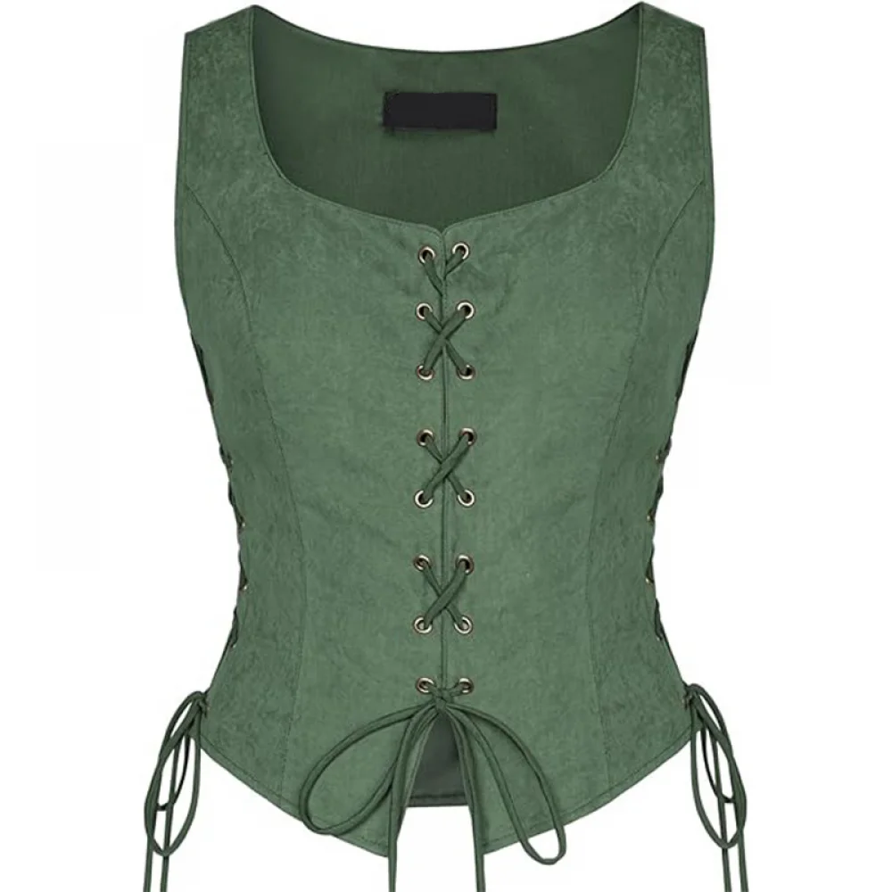 Anime Renaissance Square Collar Sleeveless Khaki Green Black Vest for Women Lace Up Medieval Vest Pirate Costume Bandage Outfits