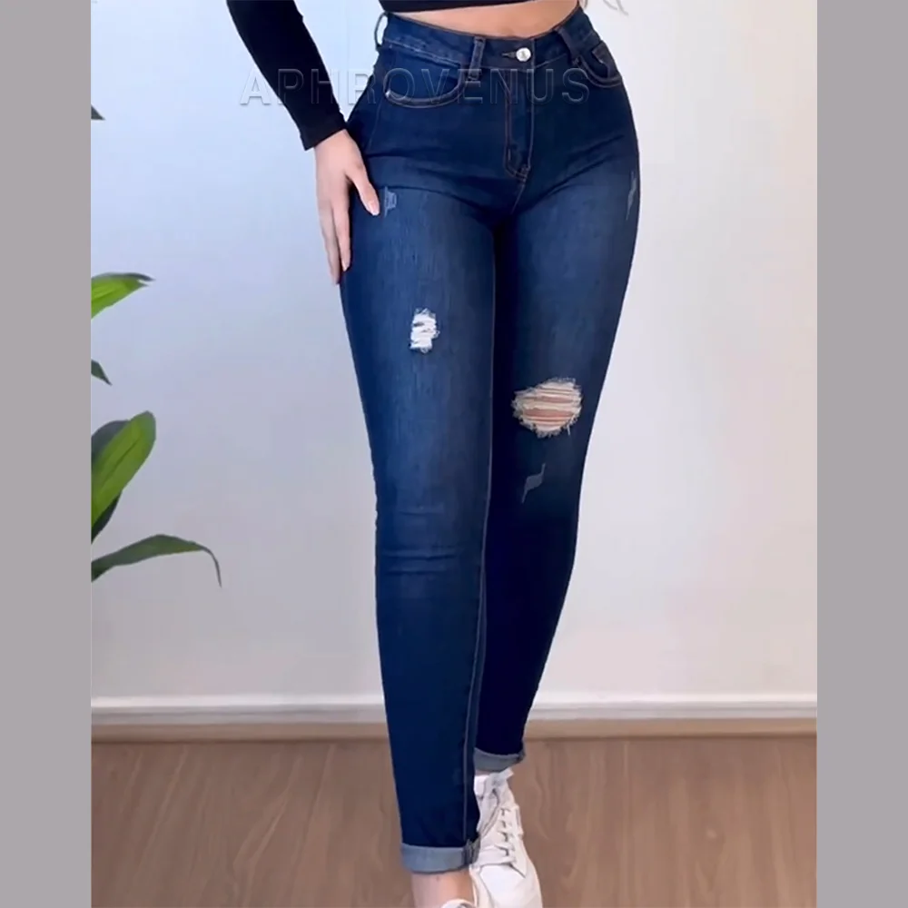 Calça jeans elástica feminina com treinador de cintura, calça lápis plus size com furo, leggings femininas, xshape, controle abdominal, moda