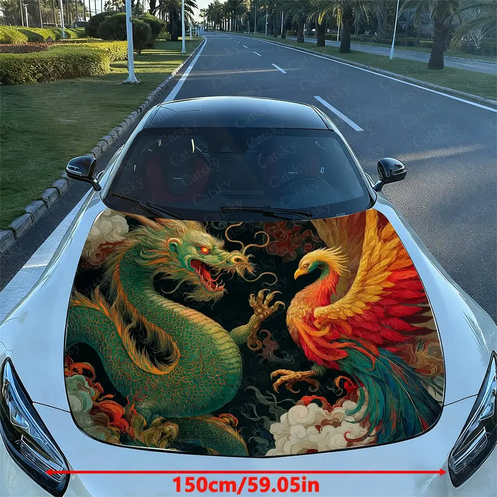 Prosperity Brought By The Dragon And Phoenix Print Hood Decal - PVC Material, Racing Car Body Vinyl Sticker, External Modificati
