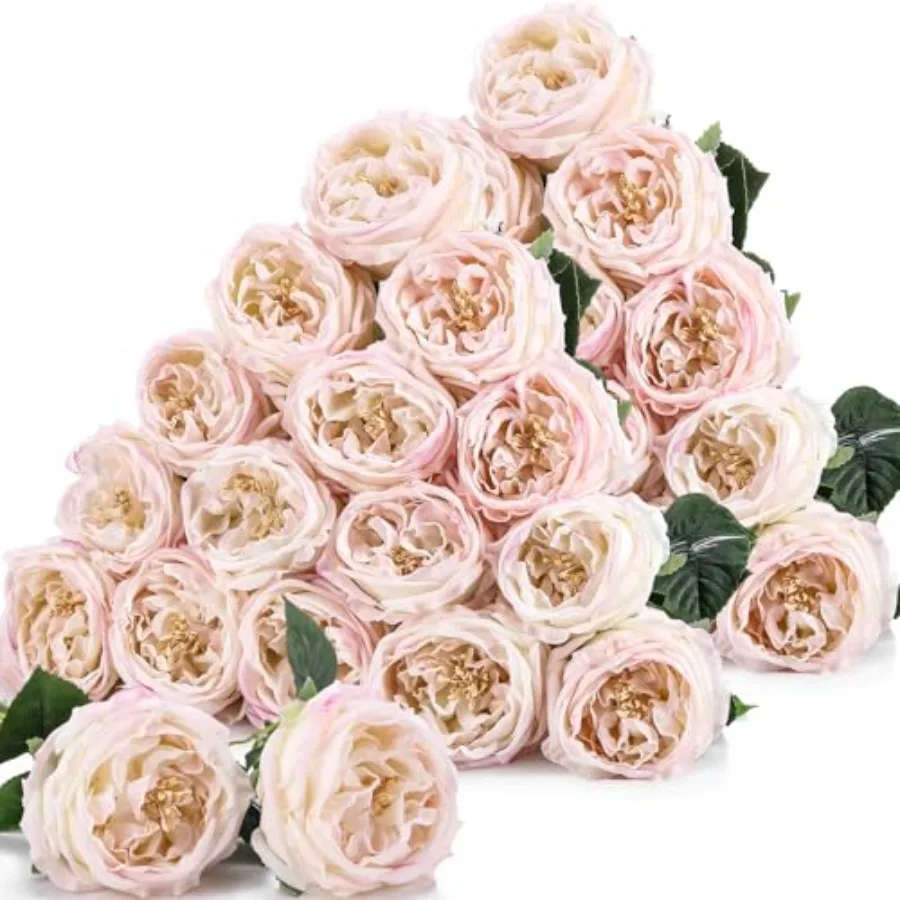 

20 Pcs Real to Lifelike Peonies Austin Roses Artificial Flowers, Faux Look Real Long Stems Fake Flower with Big Blooms for Chri