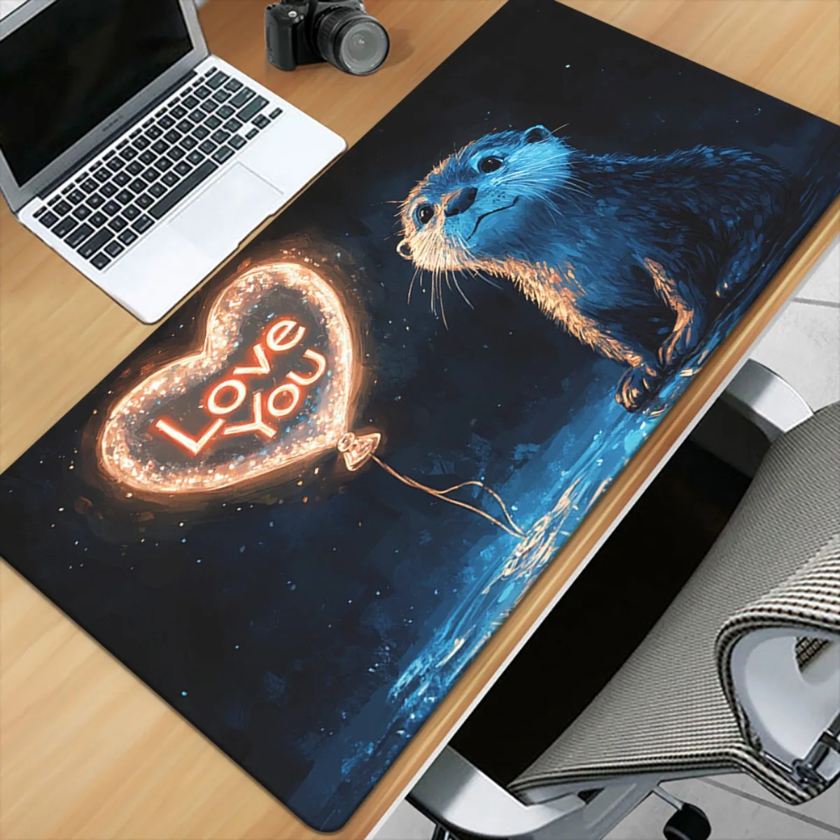 1 lontra accanto al cuore - palloncino in parttern scuro Tappetino stampato HD per scrivania, tappetino per mouse XXL multifunzionale, mouse da gioco con tastiera