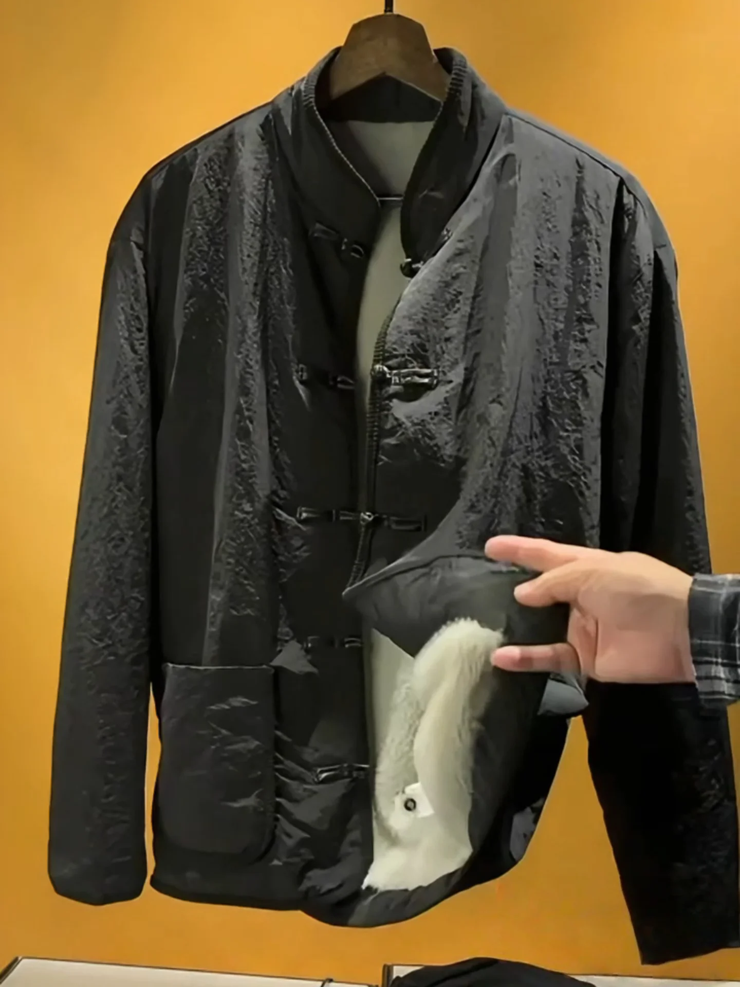 

Теплый джет с воротником-стойкой на подкладке, мужской винтажный свободный крой, однотонный простой дизайн, зимняя верхняя одежда в китайском стиле, пальто