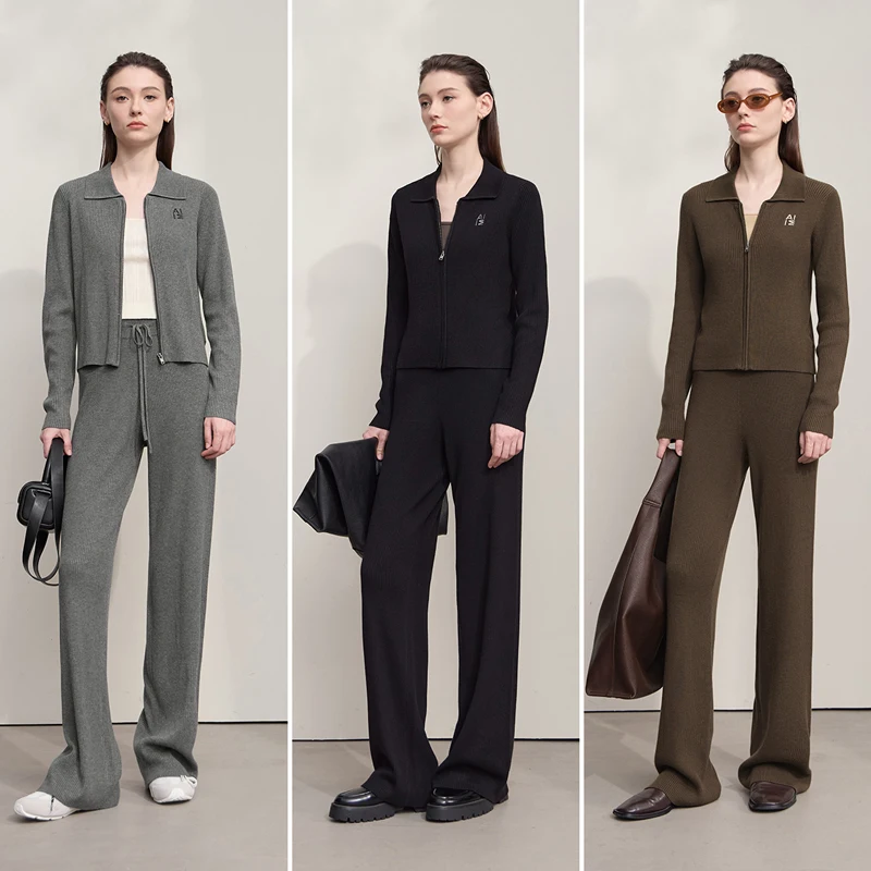 AMII Cardigan for Women 2025 Autumn New Minimalist Commuter Embroidery Versatile Slim Knitting Casual Wide-leg Trousers 12543128