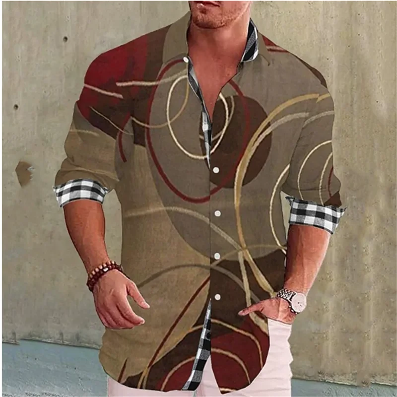 Fashion Men\'s Shirt Check Pattern Printed Geometric Lapel Shirt Outdoor Street Long Sleeve Streetwear Designer Casual S-6XL