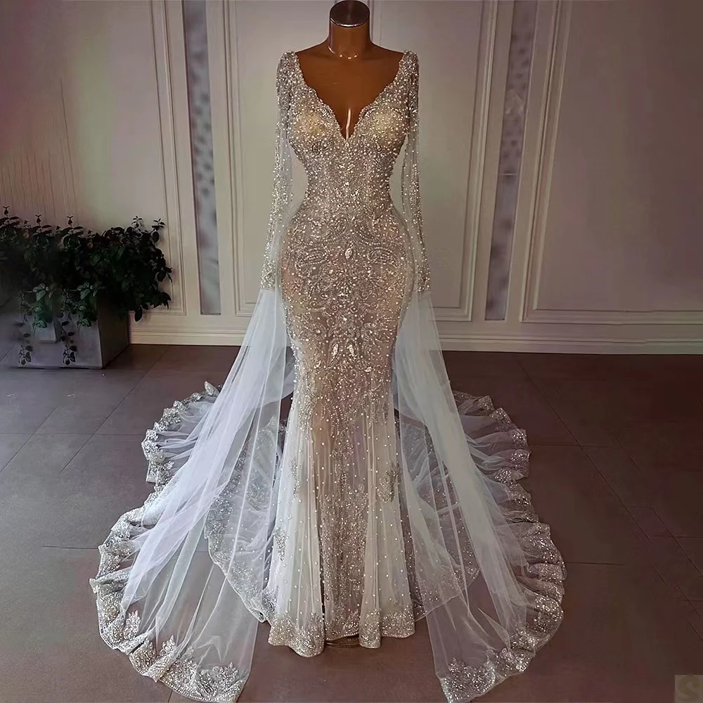 Delicate Mermaid Wedding Dresses For Women V-Neck Long Sleeves Bridal Gown Pearls Sweep Train Skirt Custom Made