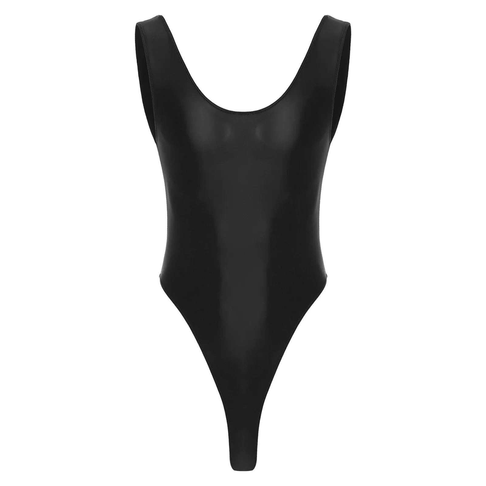 Mens Glossy Stretchy Solid Color Bodysuit Swimwear Lingerie One Piece Skinny Swimsuit Backless Sleeveless Vest Leotard Underwear