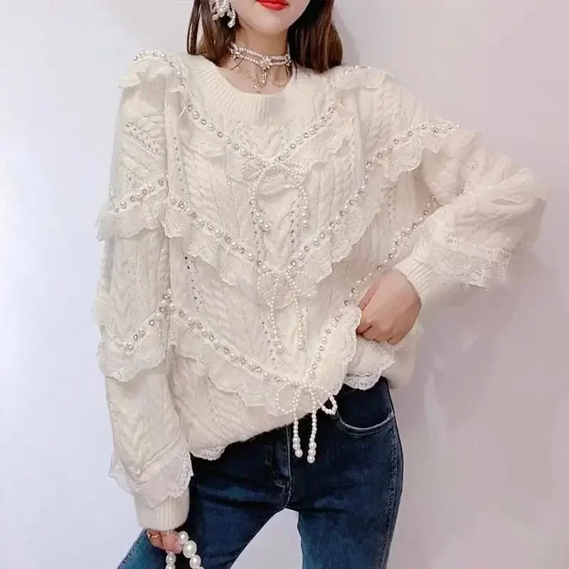 

Autumn Winter Beading Tassel Lace Patchwork Jumpers V Neck Solid Color Long Sleeve Pull Femme Jersey Mujer Sweater Y2k